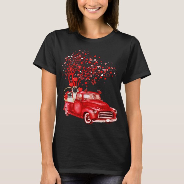 Pug Riding Red Truck Valentine Butterfly Heart Tre T-Shirt (Front)