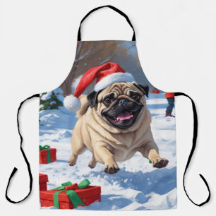 Pug Running in Snow with Christmas Hat Apron