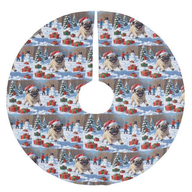 Pug Running in Snow with Christmas Hat Brushed Polyester Tree Skirt (Front)
