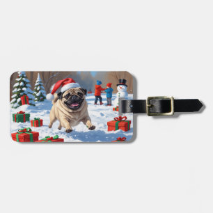 Pug Running in Snow with Christmas Hat Luggage Tag