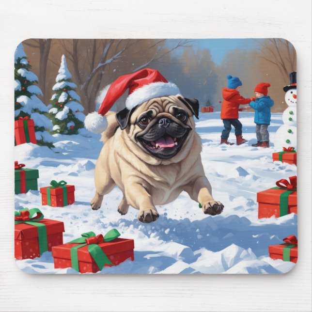 Pug Running in Snow with Christmas Hat Mouse Mat (Front)