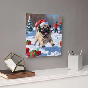 Pug Running in Snow with Christmas Hat Square Wall Clock