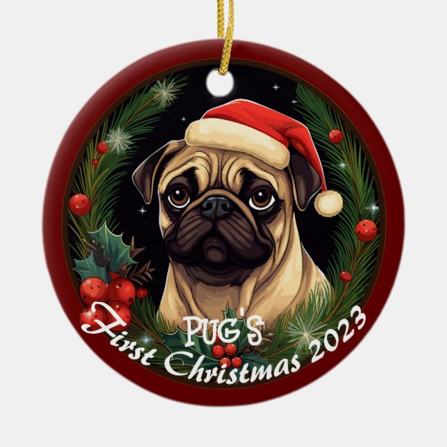 Pug’s First Christmas Ceramic Tree Decoration (Front)
