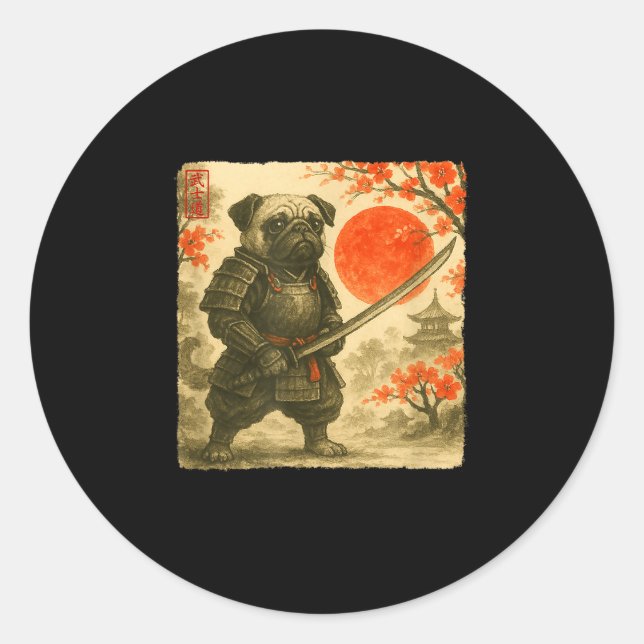 Pug Samurai Japanese Warrior Costume Sumi-e Art Fu Classic Round Sticker (Front)