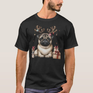Pug Santa Christmas Tree Lights Xmas Boys Men Dogm T-Shirt