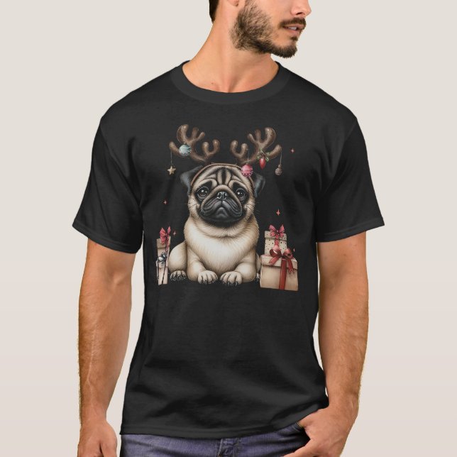 Pug Santa Christmas Tree Lights Xmas Boys Men Dogm T-Shirt (Front)