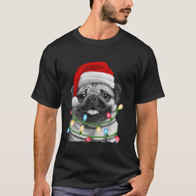 Pug Santa Christmas Tree Lights Xmas Boys Pugmas D T-Shirt (Front)