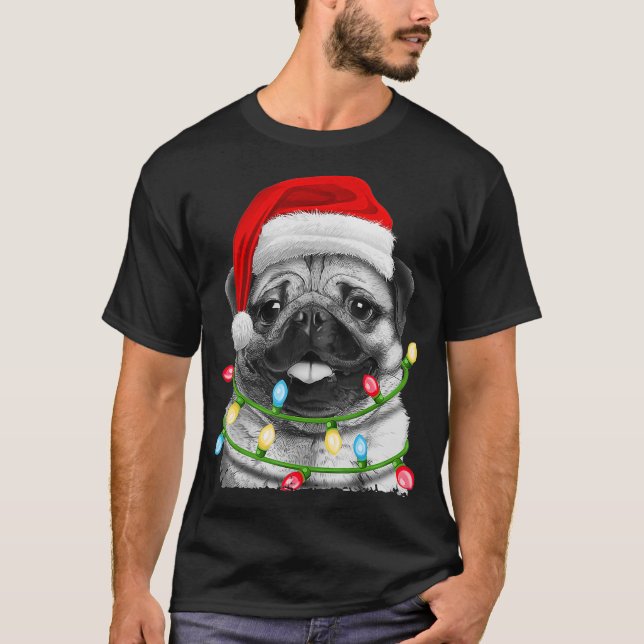 Pug Santa Christmas Tree Lights Xmas Gifts Boys T-Shirt (Front)
