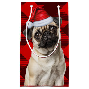 Pug Santa Dog Holiday Red Buffalo Plaid Christmas Small Gift Bag