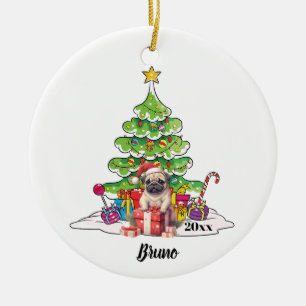 Pug Santa Hat Christmas Tree Presents Ceramic Tree Decoration