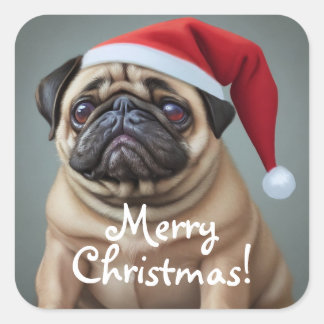 Pug Santa Hat Square Sticker