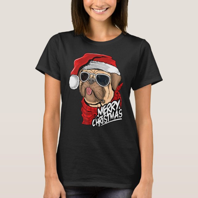 Pug Santa Hat Sunglasses Xmas Pajama Pug Dog Merry T-Shirt (Front)