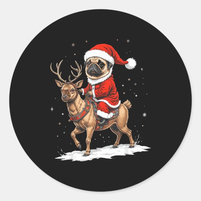Pug Santa Riding Reindeer Christmas Holiday Puppy  Classic Round Sticker (Front)