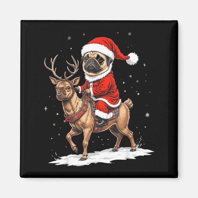 Pug Santa Riding Reindeer Christmas Holiday Puppy  Magnet (Front)