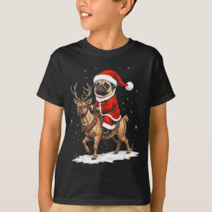 Pug Santa Riding Reindeer Christmas Holiday Puppy T-Shirt