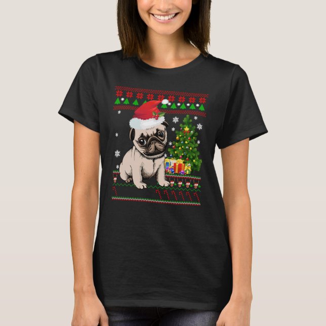 Pug Santa Ugly- Merry Christmas with Gifts Tree  E T-Shirt (Front)