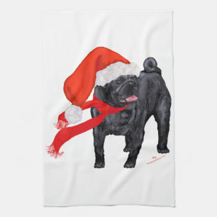 Pug Santa's Helper Tea Towel