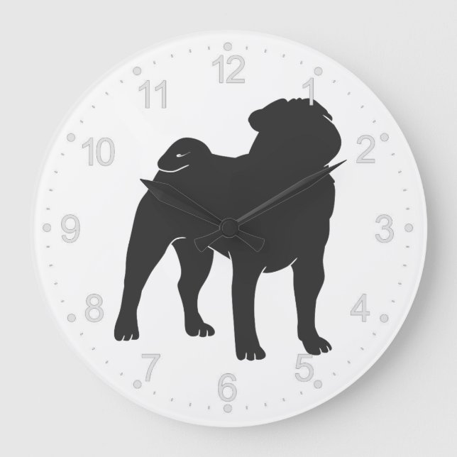 Pug  silhouette  - Choose background colour Large Clock (Front)