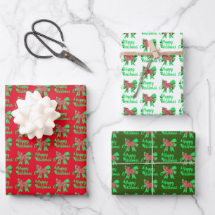 Pug Silhouette Cute Christmas Dog & Bow 3 Colour Wrapping Paper Sheet
