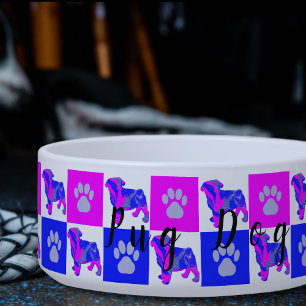 Pug Silhouette Dog & Paw Hot Pink & Blue Pet Bowl