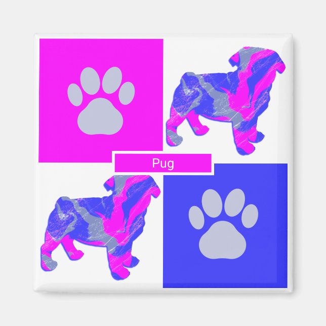 Pug Silhouette Dog & Paw Pink and Blue Square Magnet (Front)