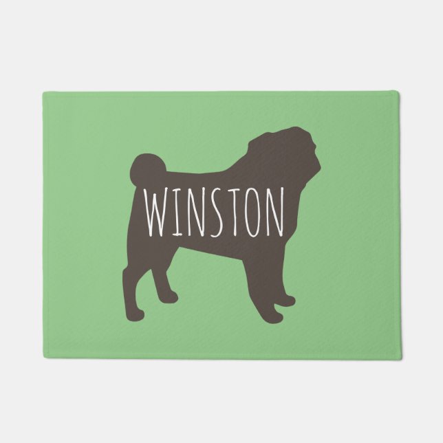 Pug Silhouette | Grey and Green Personalised Doormat (Front)