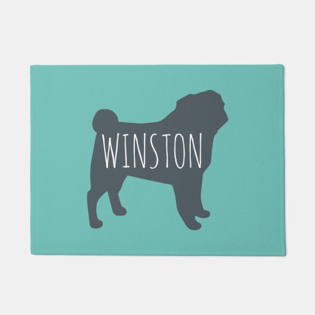 Pug Silhouette | Grey and Teal Personalised Doormat (Front)