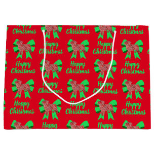 Pug Silhouette Red Christmas Dog & Green Bow Large Gift Bag