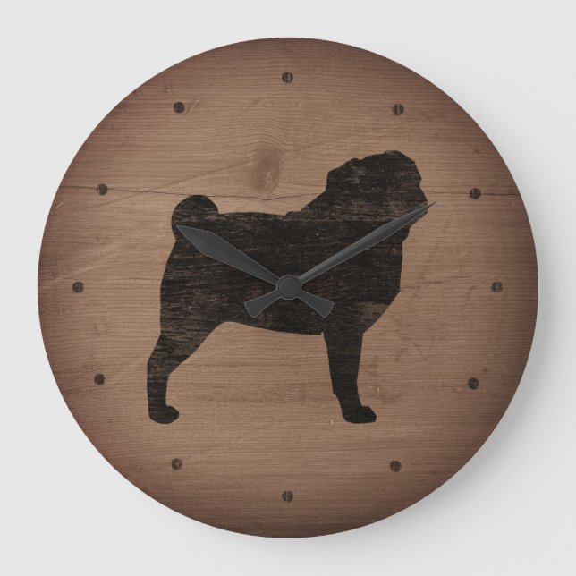 Pug Silhouette Rustic Style Large Clock (Front)