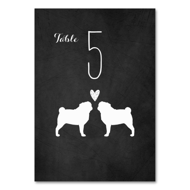 Pug Silhouettes Chalkboard Style Wedding Table Number (Front)