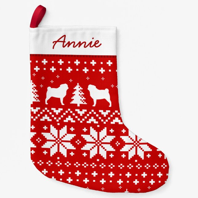 Pug Silhouettes Christmas Sweater Pattern Cute Small Christmas Stocking (Front)