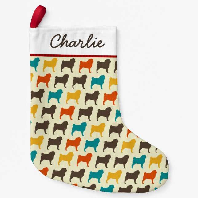 Pug Silhouettes | Dogs Patterned Custom Small Christmas Stocking (Front)