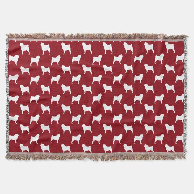Pug Silhouettes Pattern Red and White Throw Blanket (Front)