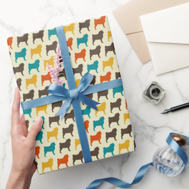 Pug Silhouettes | Retro Colours Dog Breed Pattern Wrapping Paper (Gifting)