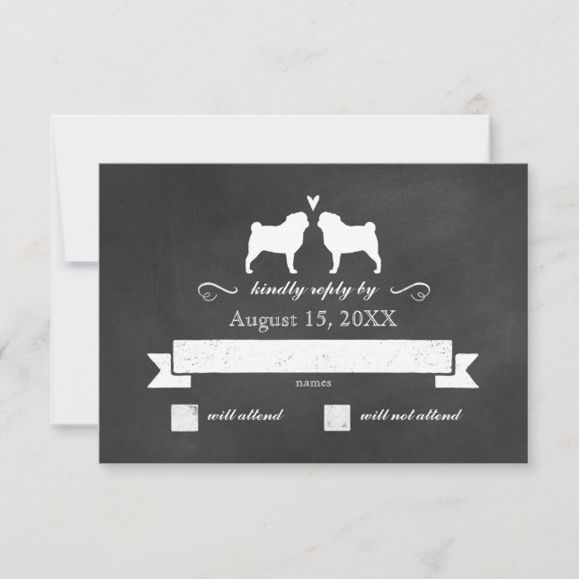 Pug Silhouettes Wedding RSVP Reply Card (Front)