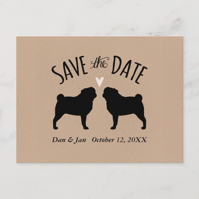 Pug Silhouettes Wedding Save the Date Announcement Postcard (Front)