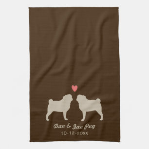 Pug Silhouettes with Heart and Text Tea Towel