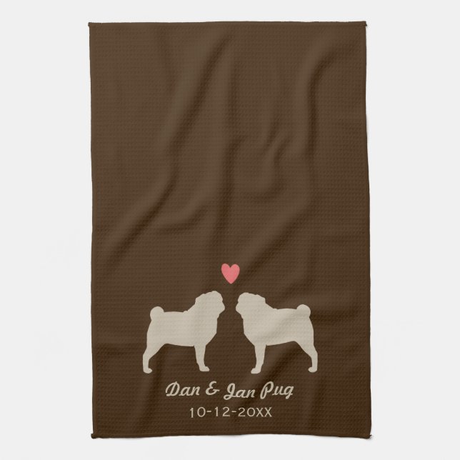 Pug Silhouettes with Heart and Text Tea Towel (Vertical)