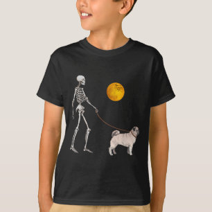 Pug Skeleton Dog Walking Halloween Costume T-Shirt