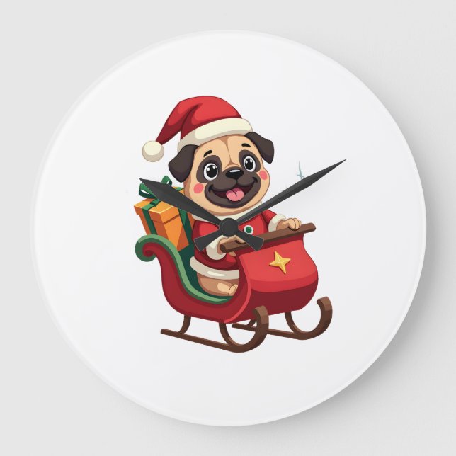 Pug Sleigh Ride Large Clock (Front)