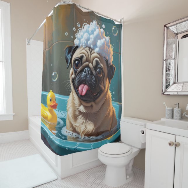 Pug Sloppy Sleepy Cute Funny  Shower Curtain (In Situ)