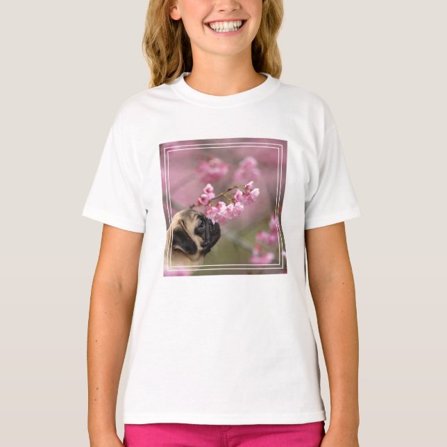 Pug Smelling Cherry Blossoms T-Shirt (Front)