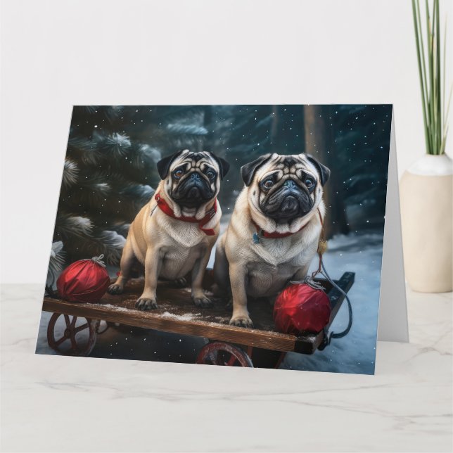 Pug Snowy Sleigh Christmas Decor Card (Front)