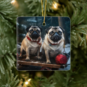 Pug Snowy Sleigh Christmas Decor Ceramic Ornament