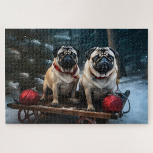 Pug Snowy Sleigh Christmas Decor Jigsaw Puzzle