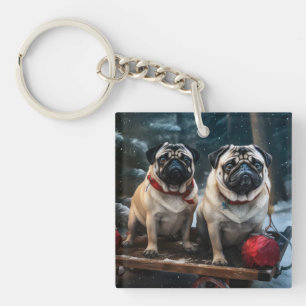 Pug Snowy Sleigh Christmas Decor Key Ring