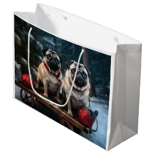 Pug Snowy Sleigh Christmas Decor Large Gift Bag