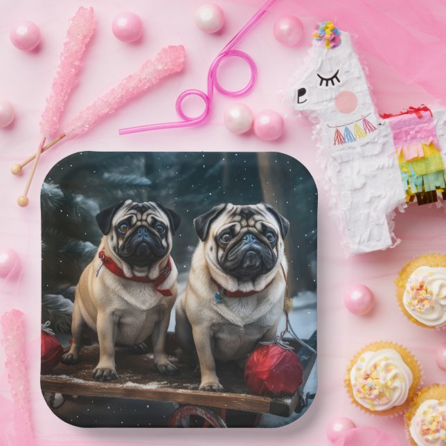 Pug Snowy Sleigh Christmas Decor Paper Plate (Party)