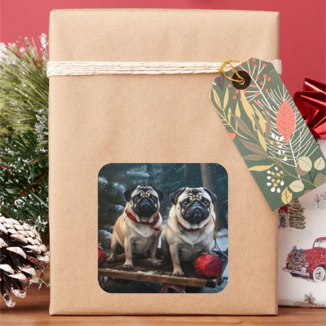 Pug Snowy Sleigh Christmas Decor Square Sticker (Holiday)
