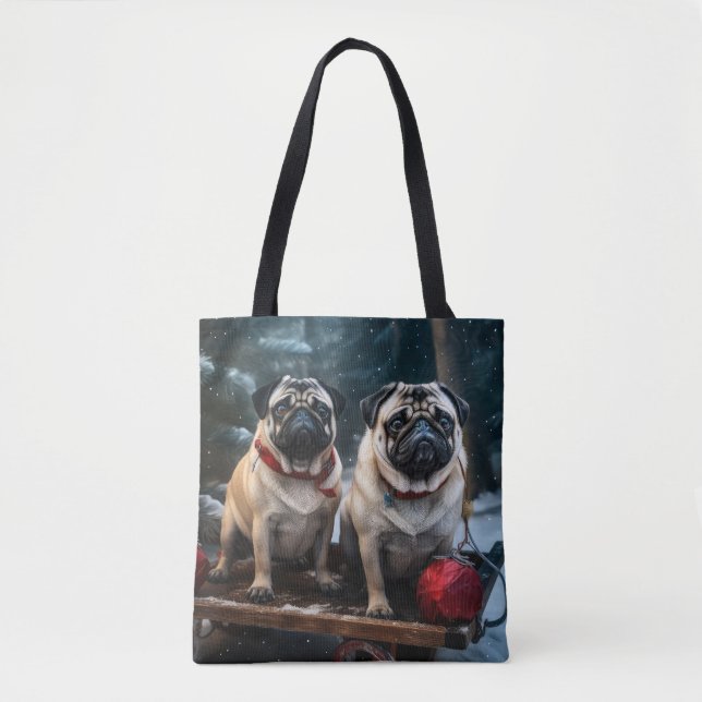 Pug Snowy Sleigh Christmas Decor Tote Bag (Front)